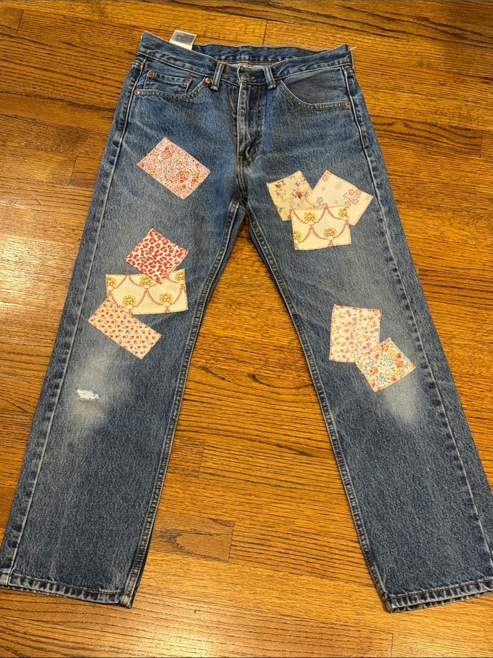 Vintage 505 Levi's Blue Denim Jeans with Hand Sewn Floral Patchwork